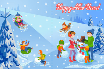 Vector illustration of new year congratulation card with winter landscape happy family playing  snowman walking outdoor.