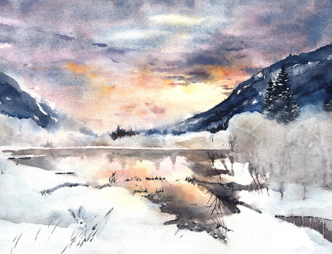 Winter landscape mountains lake snow watercolor painting 