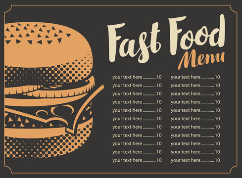 price list menu for the restaurant fast food with burger on a black background in retro style