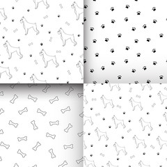 Awesome set of seamless pattern with cute contour dog. Breed box