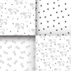 Awesome set of seamless patterns with cute dogs. Breed bulldog.