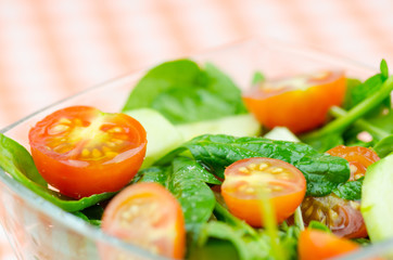 Fresh Green Salad With Spinach, Cherry Tomatoes, Cucumber, Green Onion And See Salt Close Up