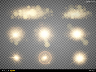 Golden glitter bokeh lights and sparkles. Shining star, sun particles and sparks with lens flare effect on transparent background