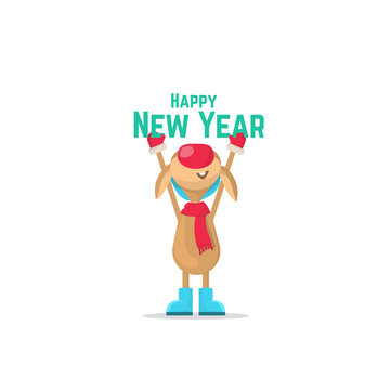 Happy New Year reindeer holding text. Flat Vector illustration.
