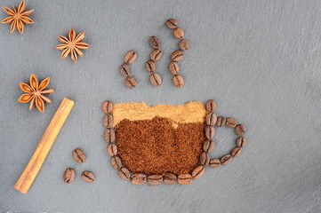 Background with coffee. Top view of roasted and ground coffee to a whole, unground coffee beans background. Beautiful background of coffee.