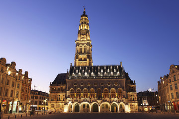 Gothic Town Hall (Hotel de Ville) and Belfry tower, Petite Place (Place des Heros), Arras, Nord-Pas de Calais, France
