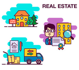 Real estate design concept set with online search apartment rental market buying flat icon isolated vector illustration
