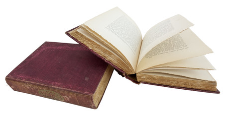 Antique vintage books. Closed and open. isolated.