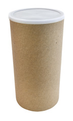 Cardboard packaging canister. Vertical with lid in place.