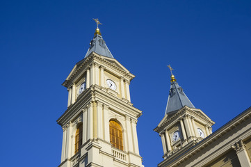 Fototapeta na wymiar Cathedral of the Divine Saviour, Ostrava, Czech Republic / Czechia,Central Europe - renovated sacral building. Detail of bell tower. Building is made in neo-renaissance style