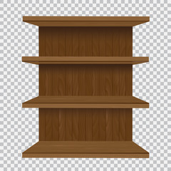 Empty shelves on the wooden wall, illuminated with reflector light on checkered background, vector illustration