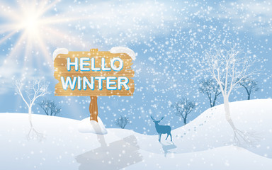 Winter landscape of plains with trees and deer on the background of the sun, with text hello winter, Vector illustration