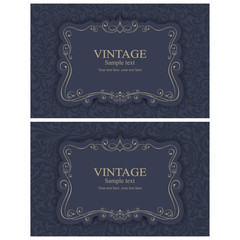 Wedding invitation cards in an vintage-style blue and beige. Beautiful Victorian ornament. Frame with floral elements. Vector illustration.