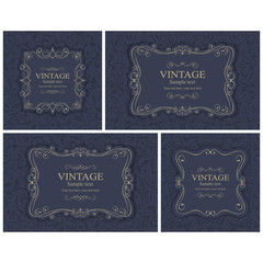 Wedding invitation cards in an vintage-style blue and beige. Beautiful Victorian ornament. Frame with floral elements. Vector illustration.