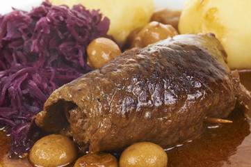 Traditional German Food Beef Roll With Mushrooms And Potato Dumpling