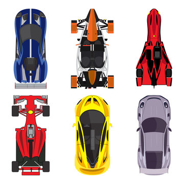 Sport and racing cars top view icons set isolated on white background.  vector illustration