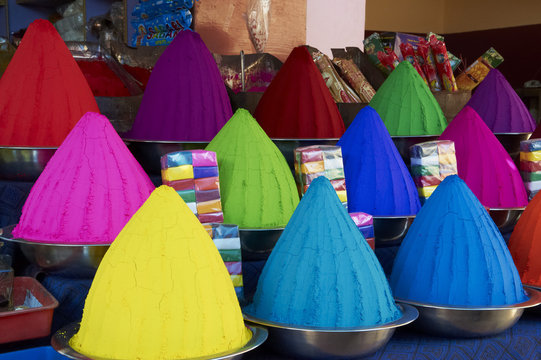 Coloured powders for sale, Devaraja market, Mysore, Karnataka