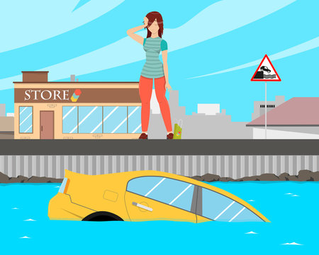 The girl went to the store to shop and forgot to put the car on the handbrake and the car slid into the water. Vector illustration