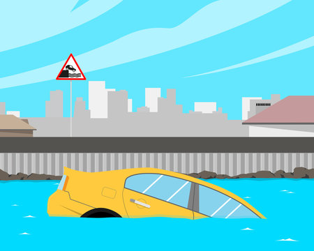 After heavy rain flooded car. Vector illustration