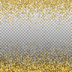 Gold glitter background. Golden sparkles on border. Template for holiday designs, invitation, party, birthday, wedding, New Year, Christmas. Vector illustration.