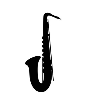 Black silhouette of a saxophone on the white background.