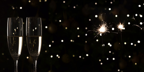 New Year  champagne banner, sparks
