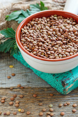 Raw brown lentils in a ceramic bowl.