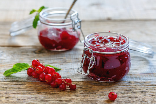 Jars with currant jam.