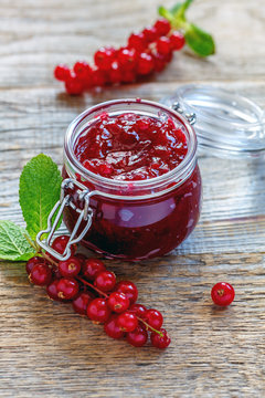 Jam of red currants in a jar.