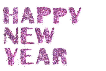 Card with text Happy New Year of purple glitter on white background.