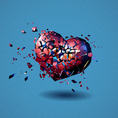 Red polygonal broken heart on blue BG