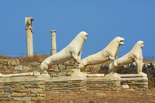 Statues on the Lion Terrace, Delos, Cyclades Islands, Greek Islands, Greece