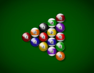 Billiard balls on green cloth, billiard green table. Vector illu