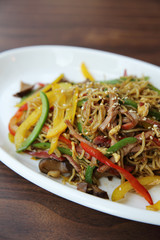 Chinese food fried noodle with ham