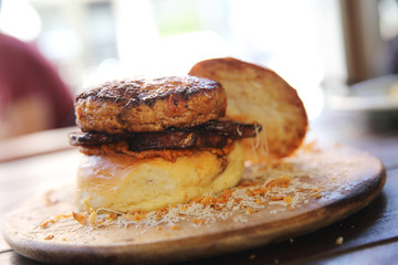 Beef Hamburger on wood background