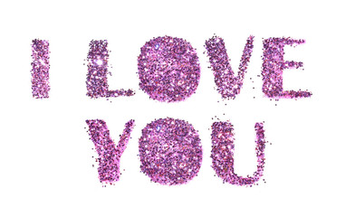 Text I Love You of purple glitter sparkle on white background