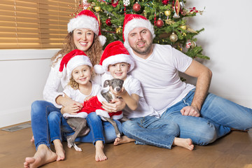 Fototapeta na wymiar Happy family celebrating christmas at home with dog and santa hat