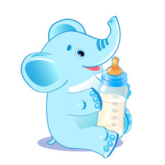 Cute Elephant. Elephant With Milk Bottle. Welcome Baby Boy Vector Illustration. Cute Elephant Baby. Cute Elephant Plush Toy.