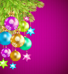 Colorful Christmas balls, stars and fir-tree on violet knitted texture background. Vector illustration.