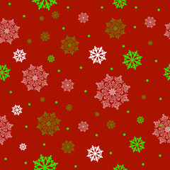 Christmas seamless pattern with white and green snowflakes. Vector illustration.