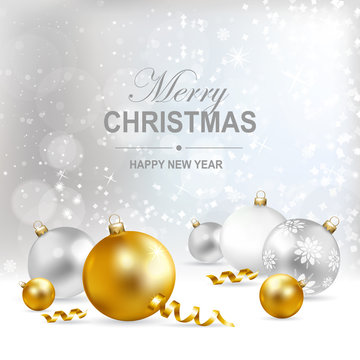Merry Christmas and Happy New Year greeting illustration with  balls and snow. Vector illustration.