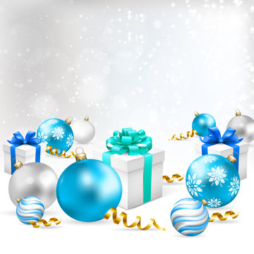 Merry Christmas greeting illustration with balls, gift boxes and snow. Vector illustration.