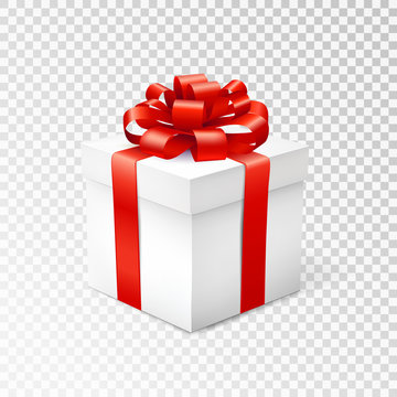 Gift box with red ribbon isolated on transparent background. Vector illustration.