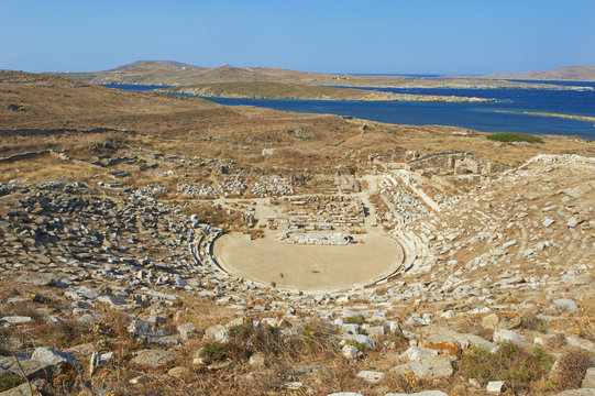 The Theatre, Quarter of the Theatre, archaeological site, Delos, Cyclades Islands, Greek Islands, Aegean Sea, Greece