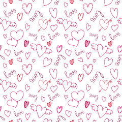 Romantic seamless pattern with hearts and handwritten lettering for your design.