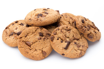 Chocolate chip cookies isolated on white background.