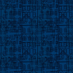 Seamless pattern with houses in black and blue colors