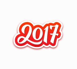 New Year 2017 paper label with calligraphic number isolated on white background. Vector greeting card design template for winter holidays