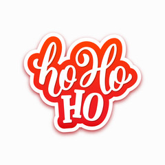Ho-ho-ho text on paper label with hand lettering over white background. Vector sticker design for Christmas and New Year decoration