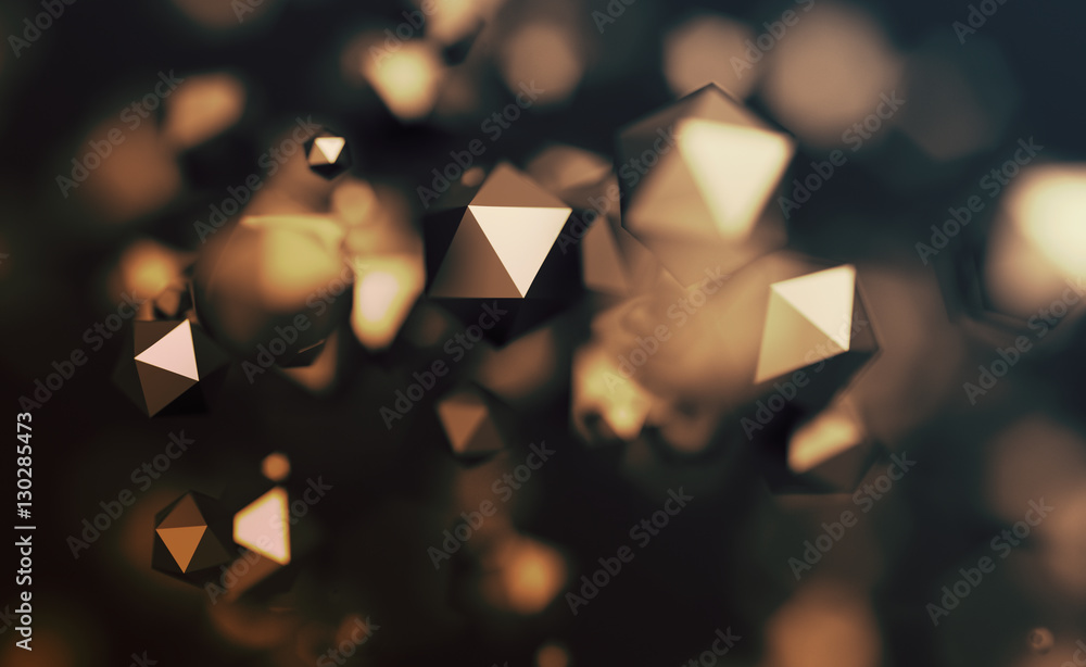 Poster abstract 3d rendering of chaotic low poly particles. flying polygonal spheres in empty space. futuri